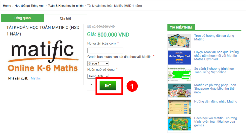 Hướng dẫn áp dụng mã học bổng Matific BƯỚC 1